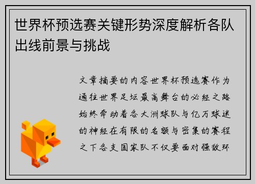 世界杯预选赛关键形势深度解析各队出线前景与挑战